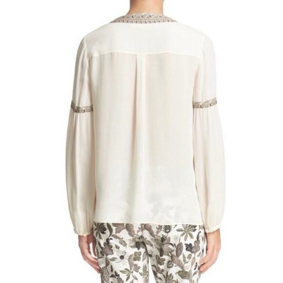 Tory Burch Silk Peasant Blouse Top Ivory Chiffon Size S Batik Trim Boho Designer - Picture 8 of 16